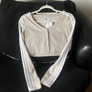 adidas Women’s Cropped Long-Sleeve Snap Top in Light Beige with White Stripes